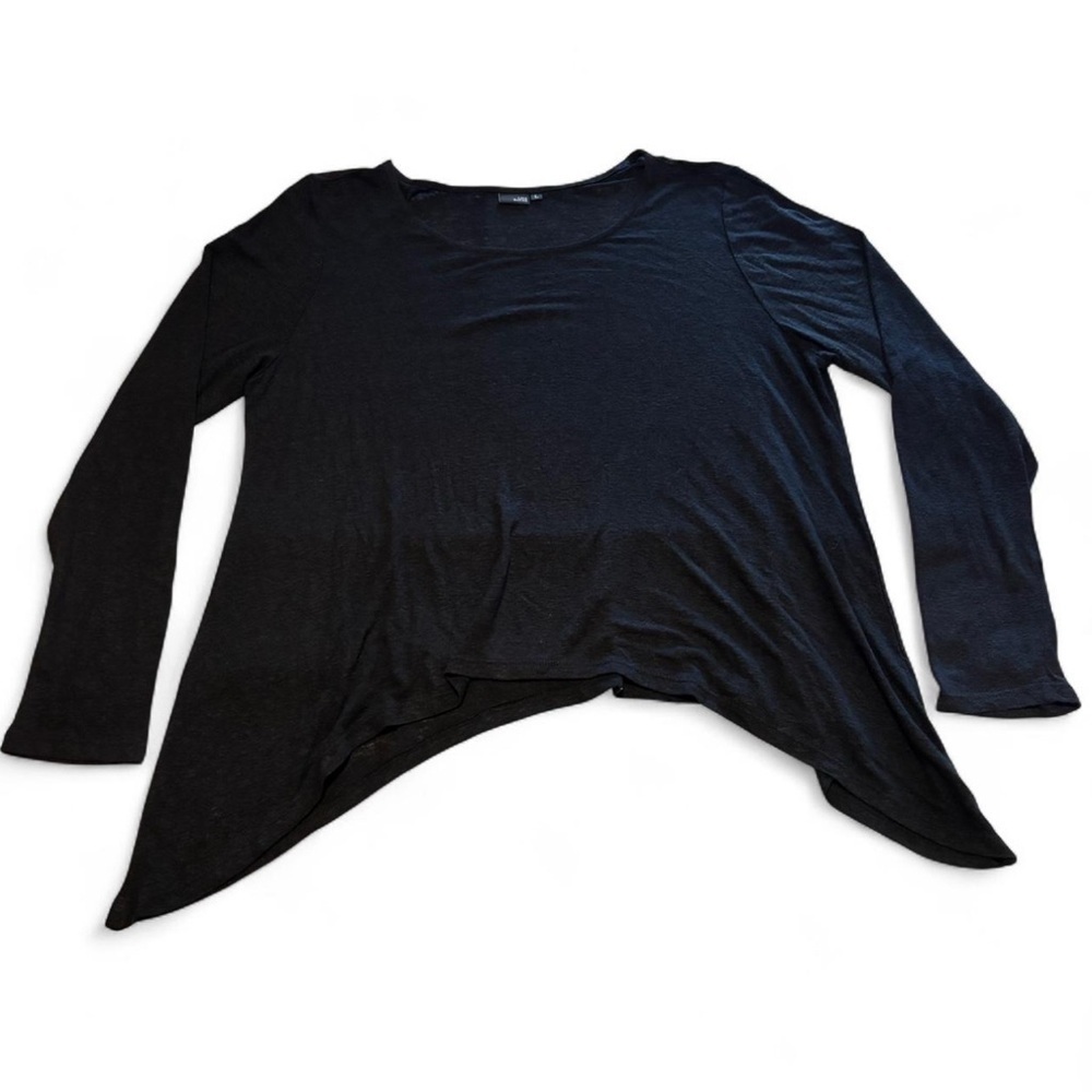 Lisa Bayne Women's Large Asymmetric Linen Blend Blouse Long Sleeve Black Basic - Picture 3 of 5
